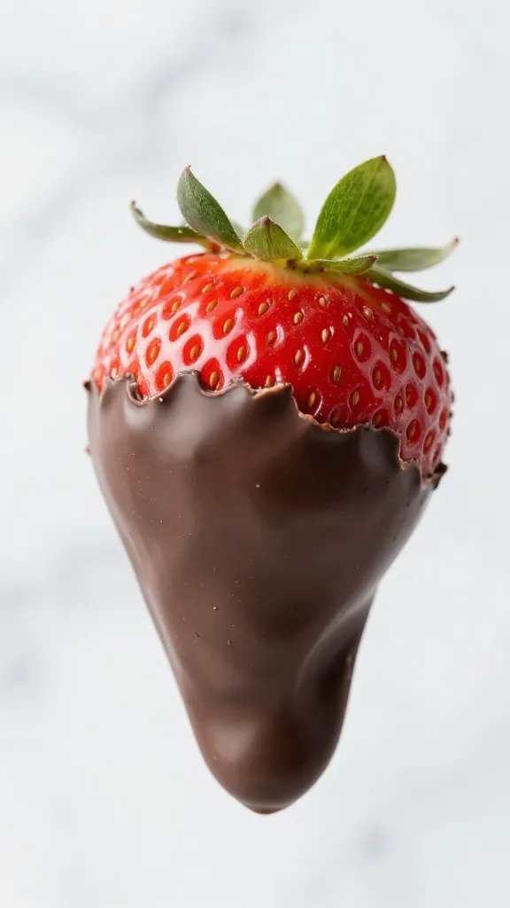 fresh strawberry dipped in dark chocolate on marble backdrop