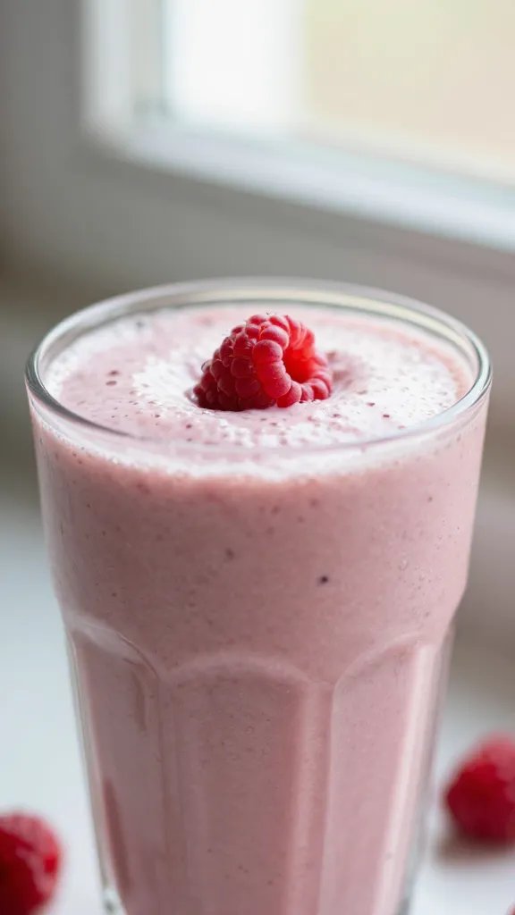 closeup raspberry vanilla smoothie in clear glass, soft window light