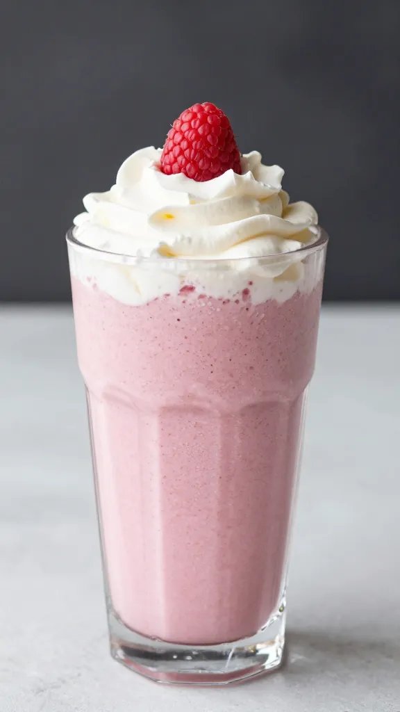 frosty raspberry vanilla smoothie topped with one raspberry, studio backdrop