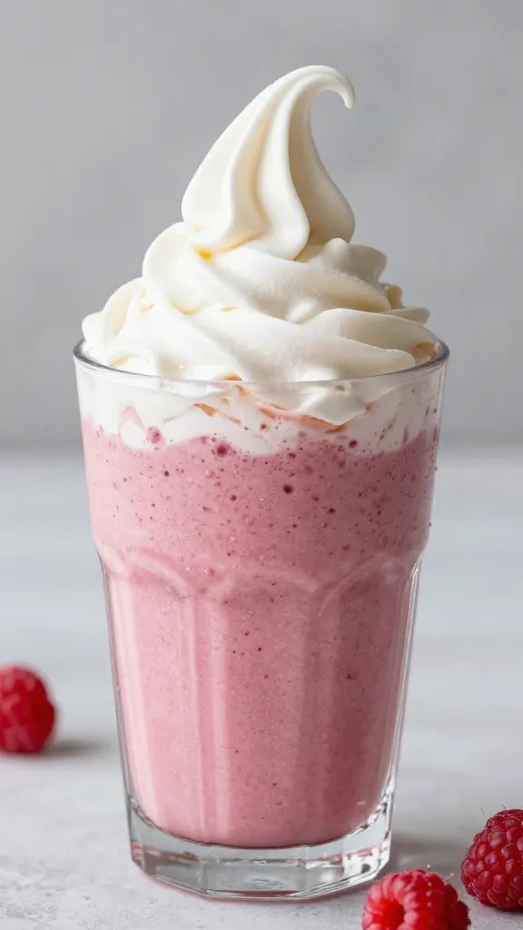 thick raspberry vanilla smoothie swirl in glass, condensation beads visible
