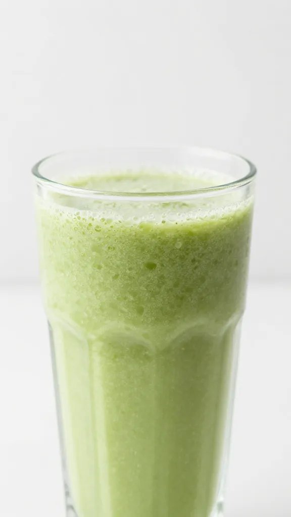 closeup glass of soft green apple smoothie, minimal backdrop