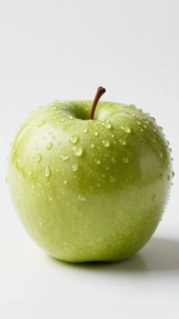 single Granny Smith apple with dewdrops, crisp studio lighting