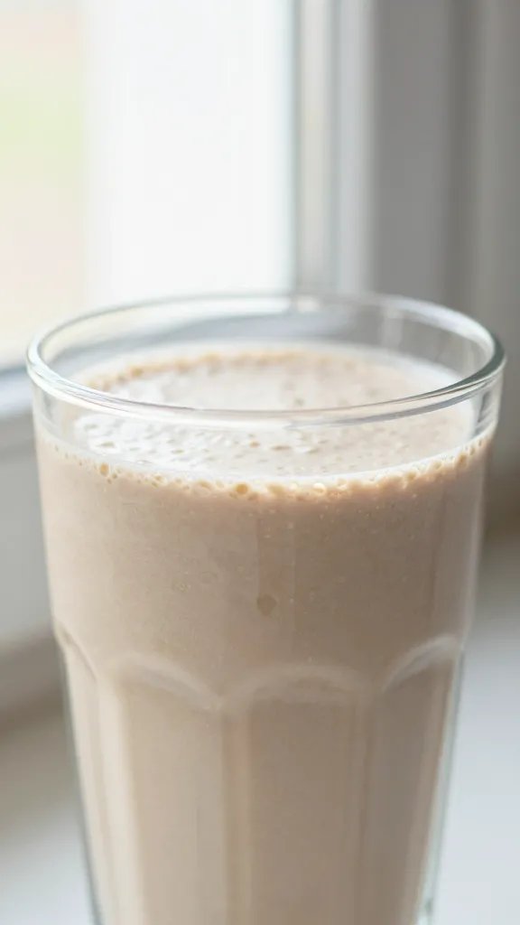 closeup vanilla oat smoothie in clear glass, soft window light