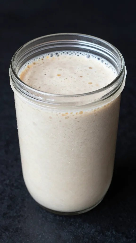single frosty blender jar of vanilla oat smoothie, top view