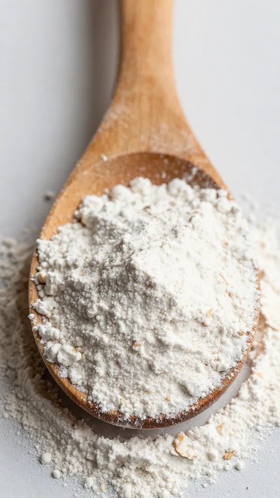 single wooden spoon with oat flour dusted, macro detail