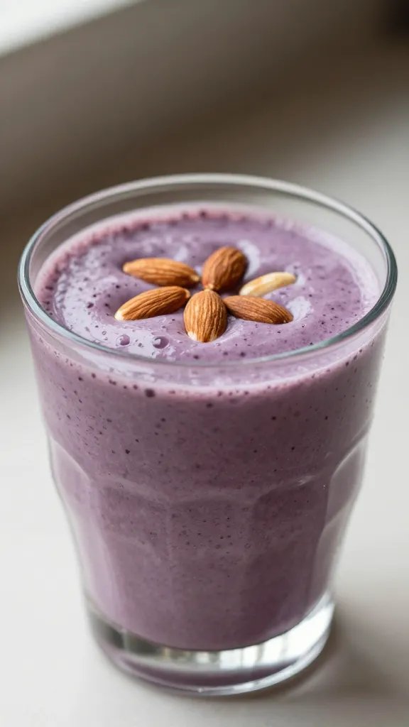 Closeup blueberry almond smoothie in clear glass, soft morning light
