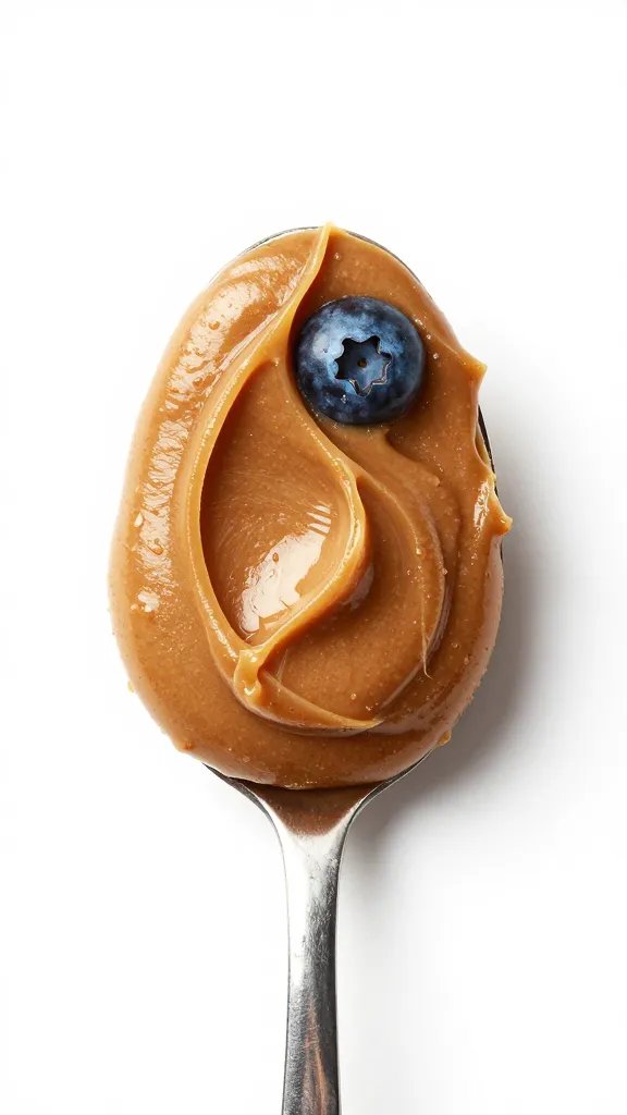 Spoonful of blueberry almond butter swirl, macro, clean backdrop