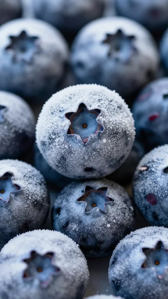 Frozen blueberries with almond dusting, extreme closeup, frosty texture