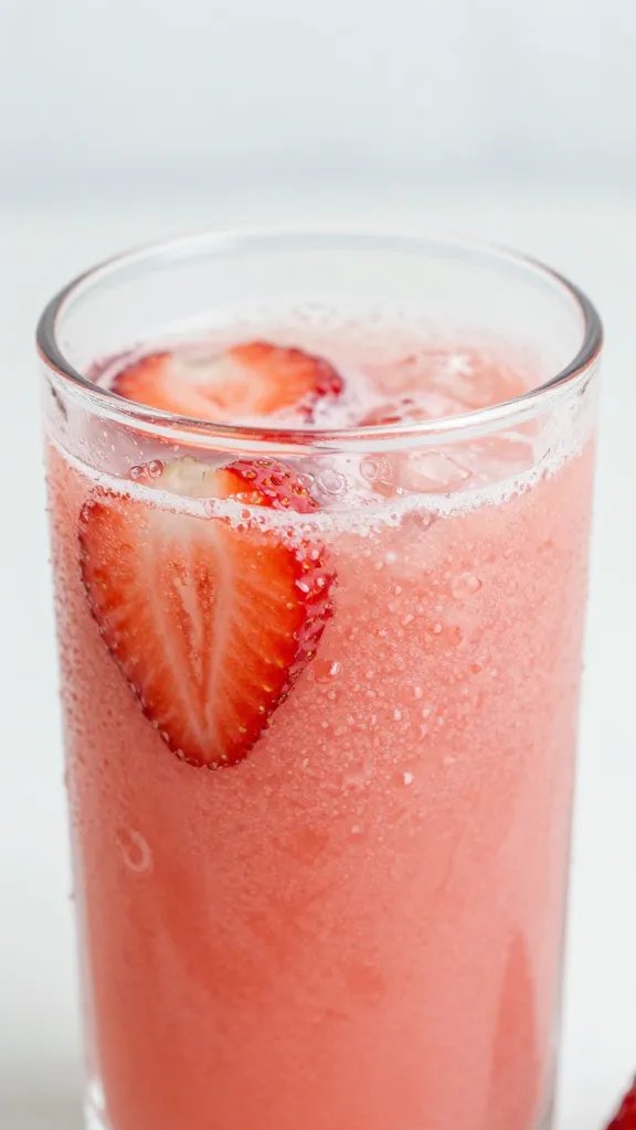 closeup strawberry coconut water smoothie in clear glass, condensation