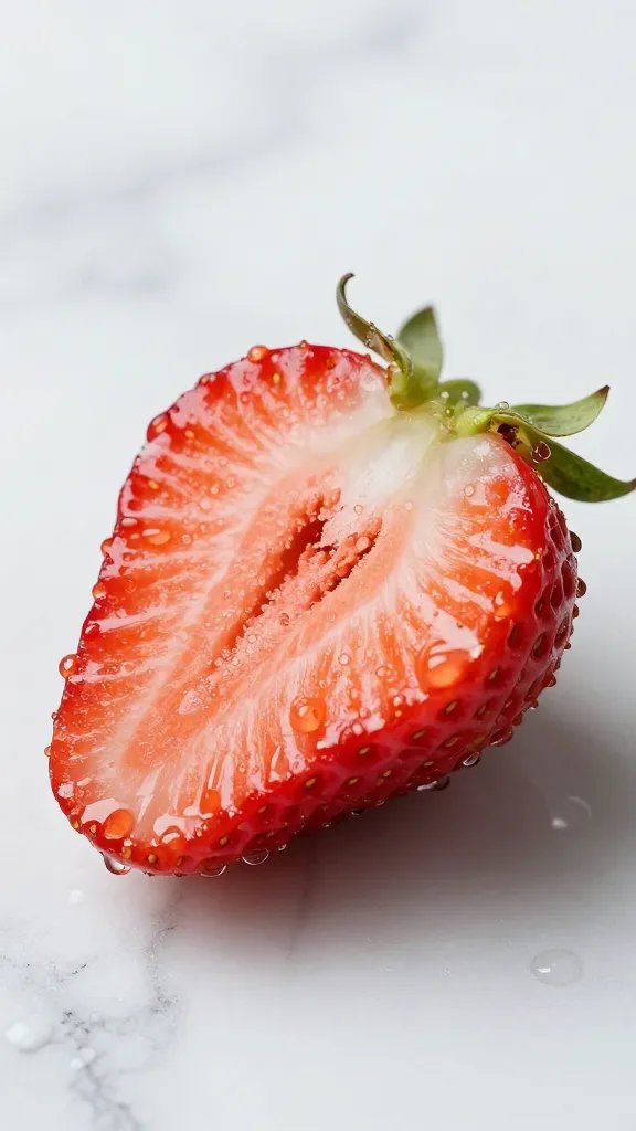 single halved strawberry on wet marble, macro hydration droplets