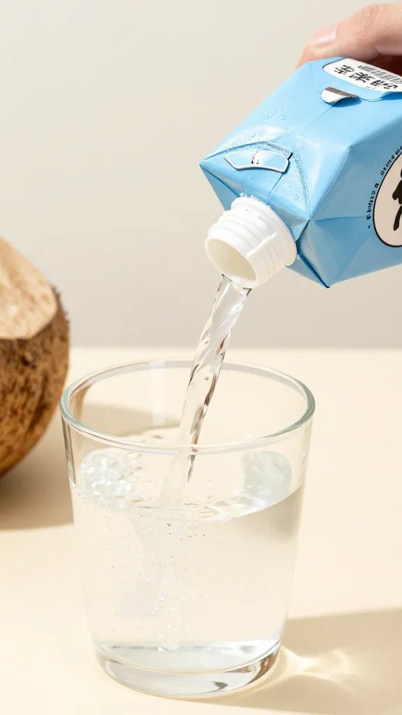 coconut water carton spout pouring into glass, tight crop