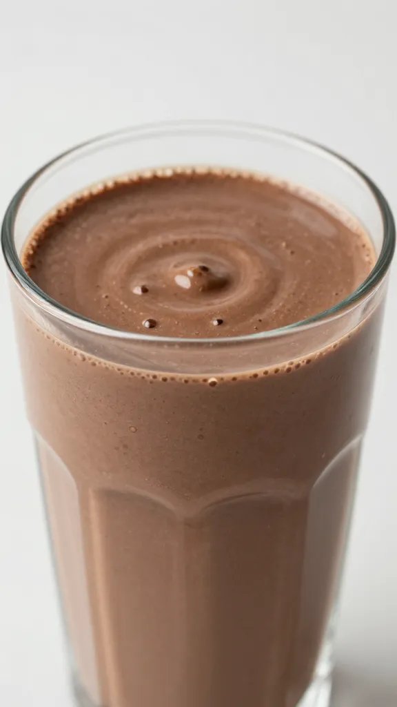 closeup chocolate peanut butter smoothie in clear glass
