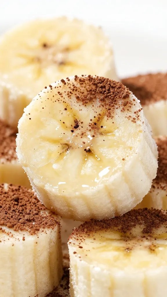 frozen banana slices with cocoa dust, macro shot