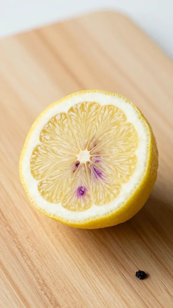 single halved lemon with blueberry stains on board