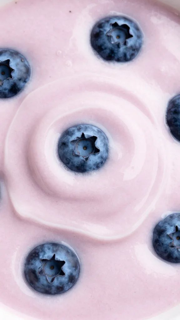 yogurt-dolloped blueberry smoothie surface, tight macro shot