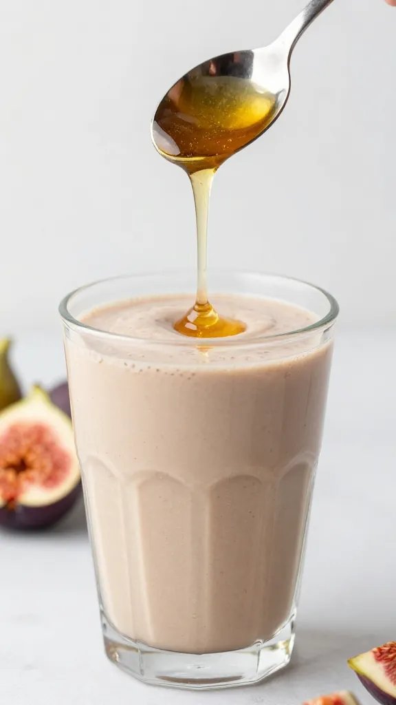 spoon drizzling honey into fig smoothie glass