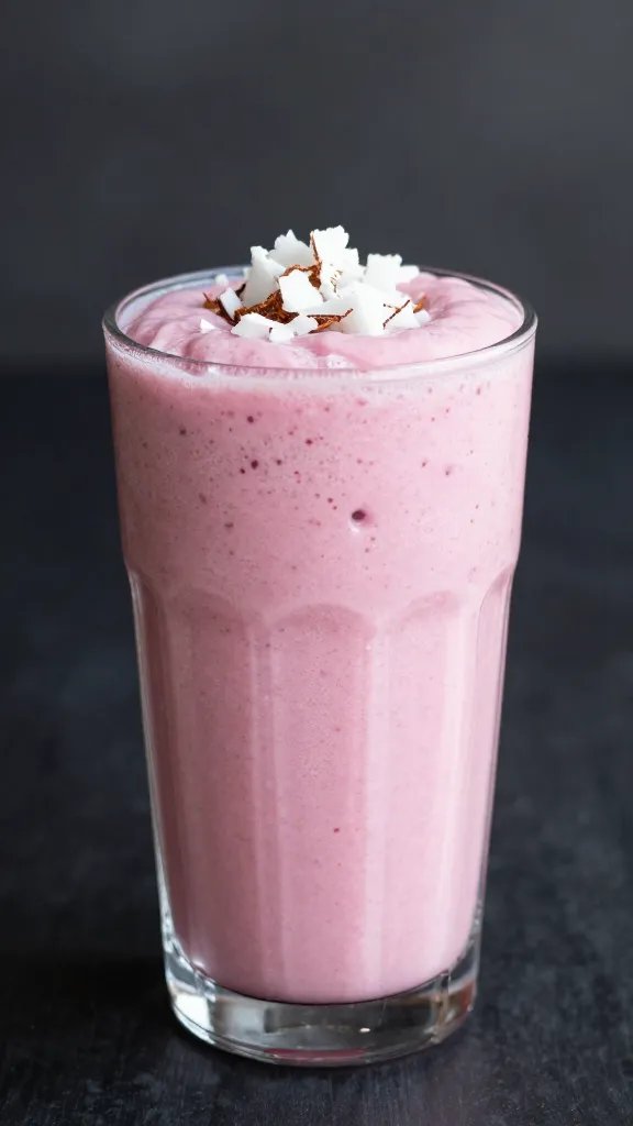 Soft pink berry smoothie in clear glass, coconut garnish