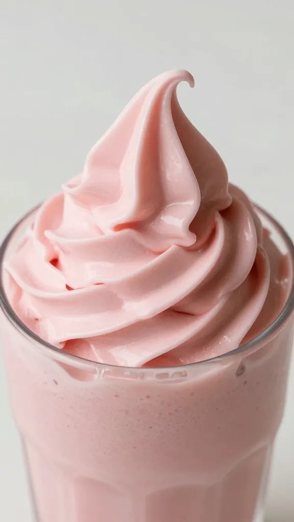 Closeup swirl of blush smoothie in frosted tumbler