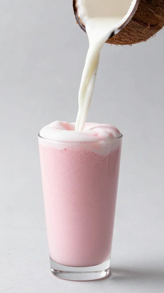 Single coconut milk pour into pink berry smoothie glass