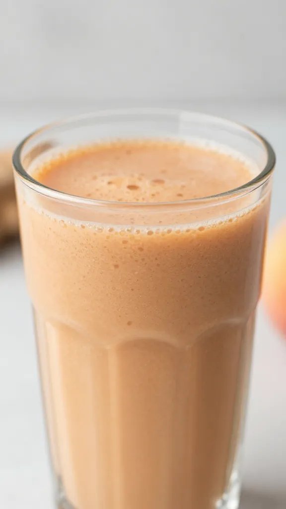 closeup peach ginger smoothie in clear glass, soft morning light