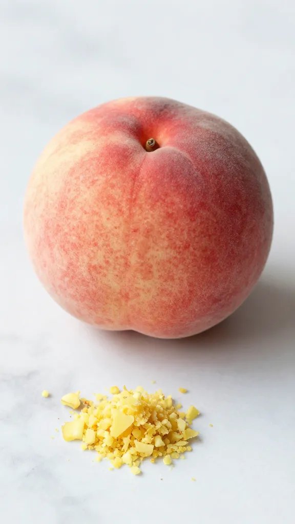 single ripe peach half with grated ginger on marble