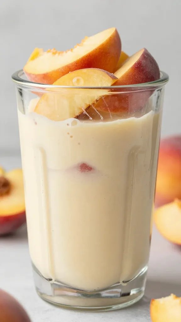 frozen peach slices in blender jar, creamy texture focus