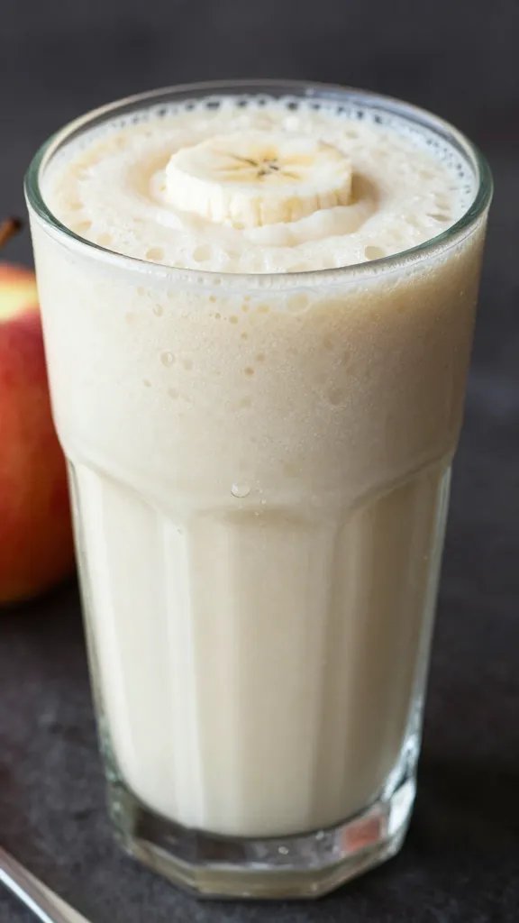 frosty apple banana smoothie in clear glass, condensation closeup