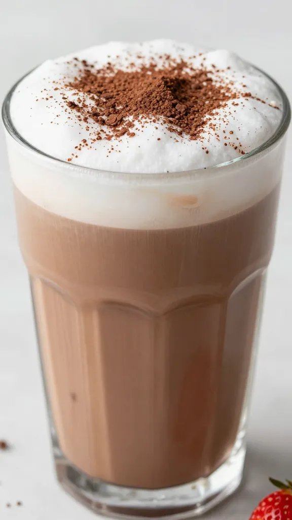 closeup glass of cocoa strawberry smoothie with cocoa dust