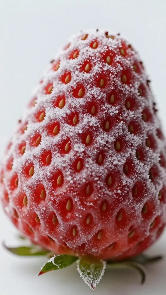 single frozen strawberry coated in frost, macro detail