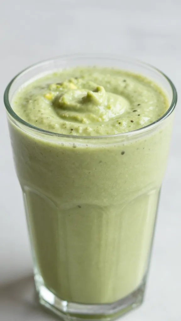 closeup vanilla avocado smoothie in clear glass, soft natural light