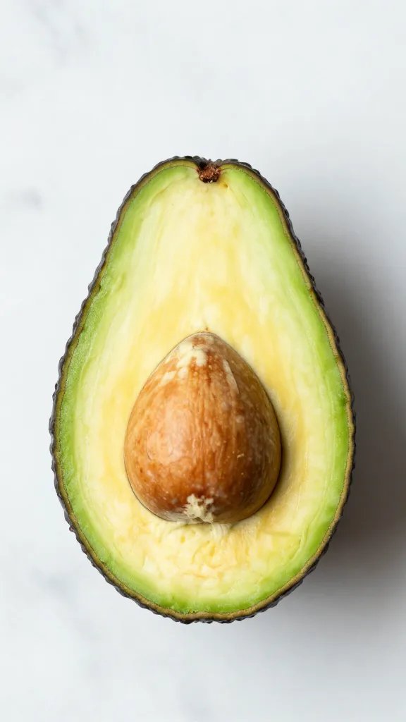 single halved ripe avocado on marble, pit visible, overhead