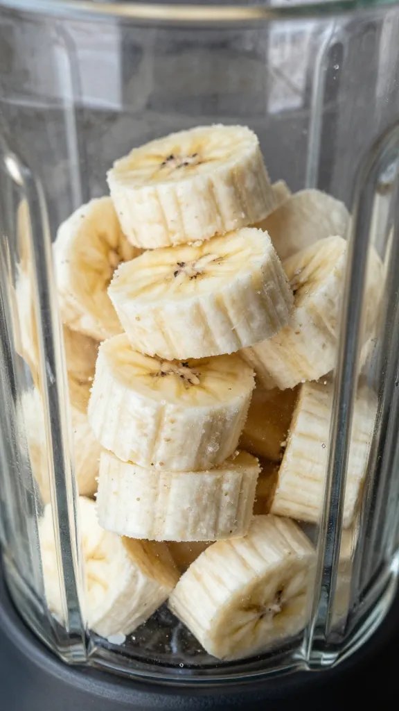 frozen banana slices in blender jar with vanilla specks, macro shot