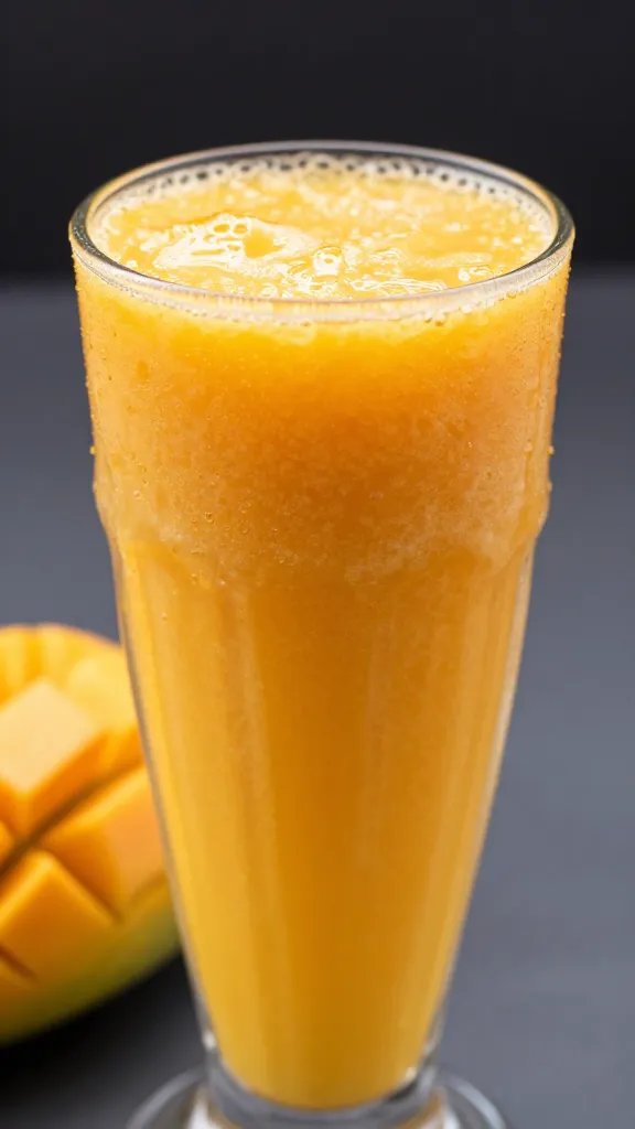 Tall orange mango smoothie in clear glass, closeup