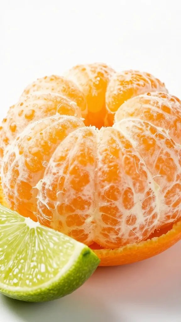 Single peeled navel orange with lime wedge, macro