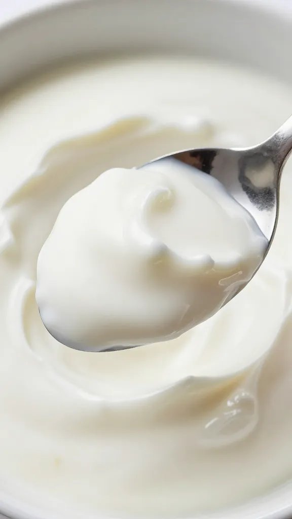 Spoonful of thick Greek yogurt, glossy closeup