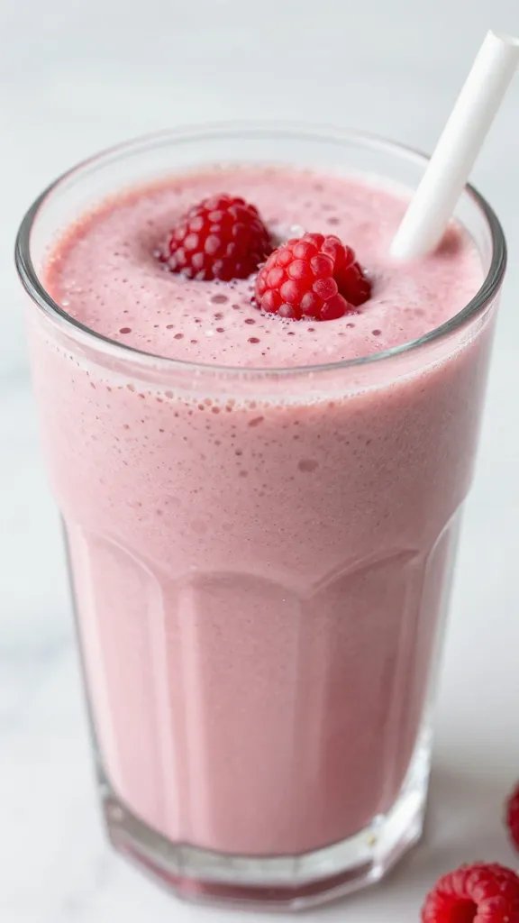 closeup raspberry coconut smoothie in clear glass, soft daylight