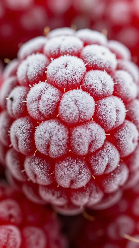 single frozen raspberry dusted with frost, macro, high detail