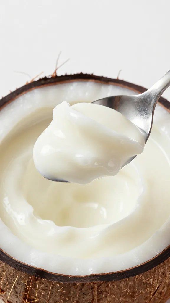 coconut yogurt swirl on spoon, creamy texture, studio light