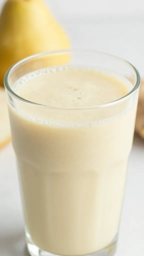 closeup pear ginger smoothie in clear glass, soft daylight
