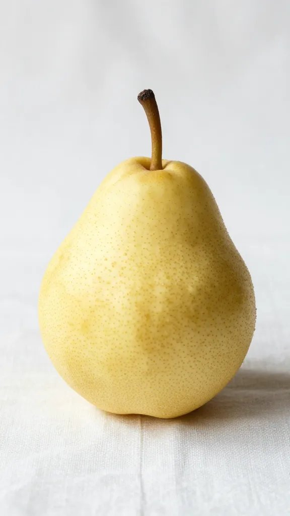 single ripe Bartlett pear on white linen, diffused light