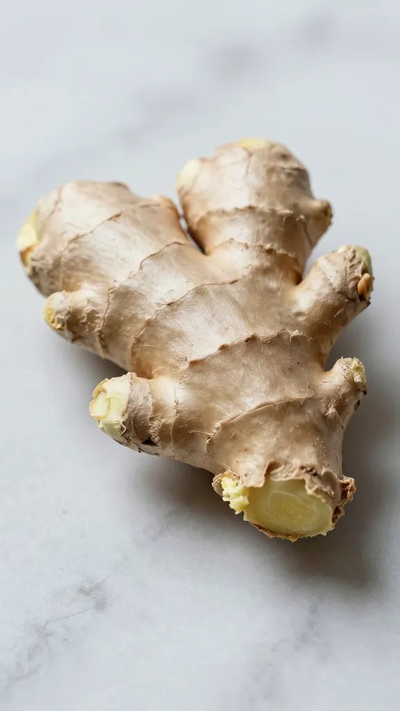 fresh ginger knob on marble surface, macro detail
