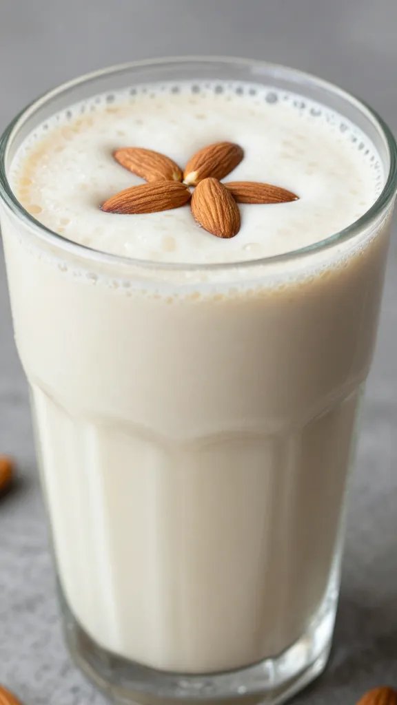 closeup vanilla almond smoothie in clear glass, soft natural light