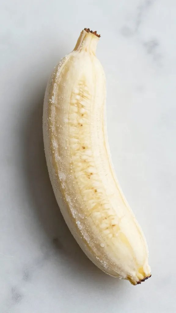 single frozen banana half on marble, frosty detail