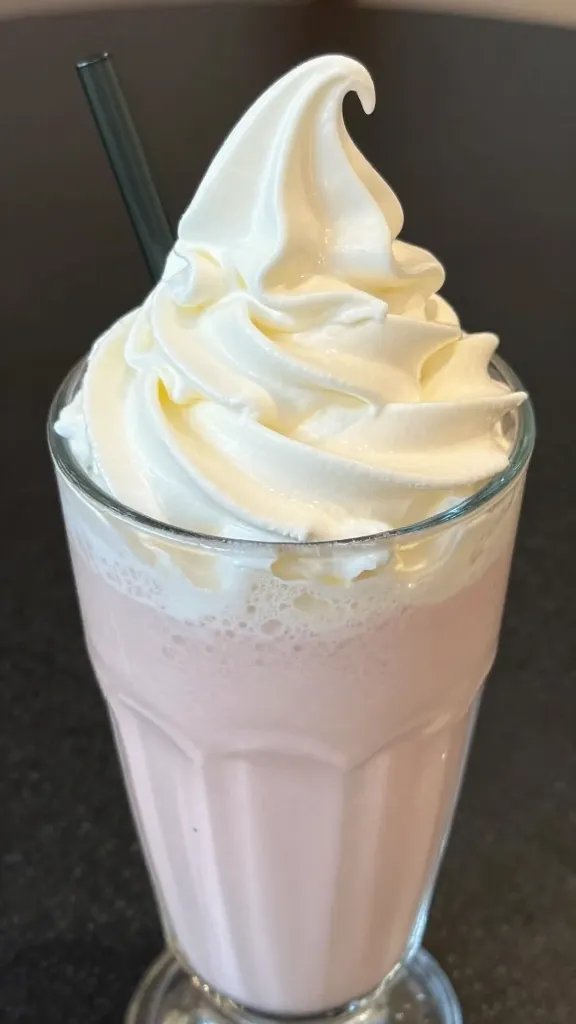 closeup cherry vanilla smoothie in a clear glass, soft-serve thick