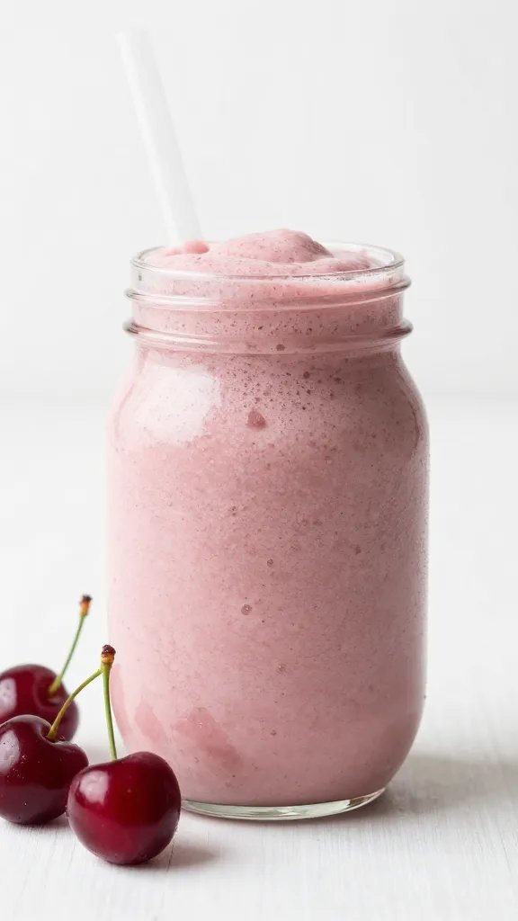 single frosty blender jar filled with cherry vanilla smoothie