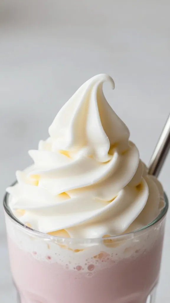 stainless straw in cherry vanilla smoothie, creamy swirl closeup