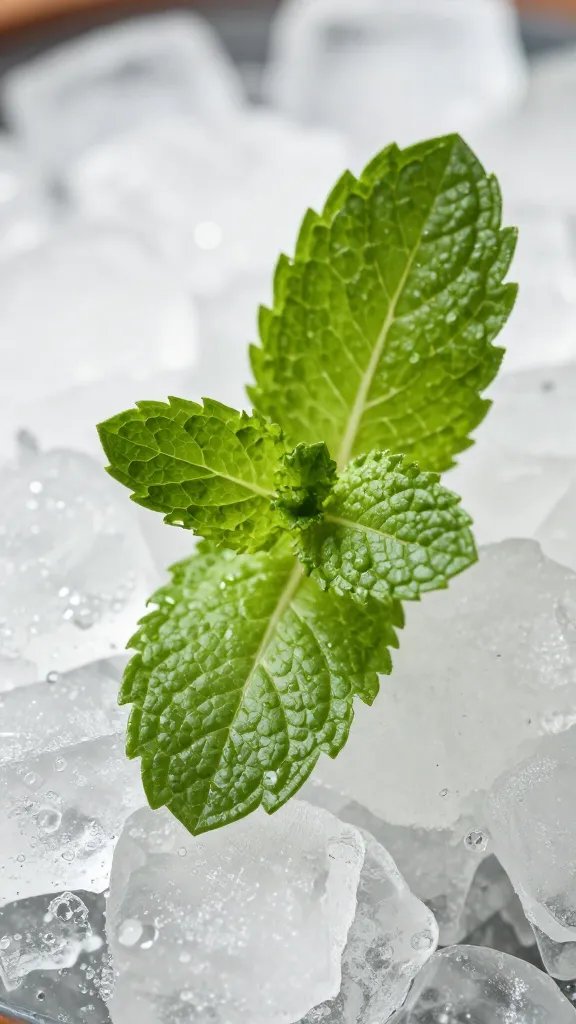 closeup of fresh mint sprig on crushed ice