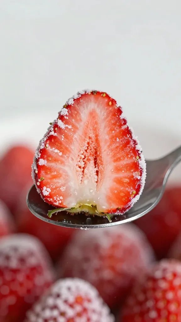 frozen strawberry half on spoon, frosty detail, macro shot