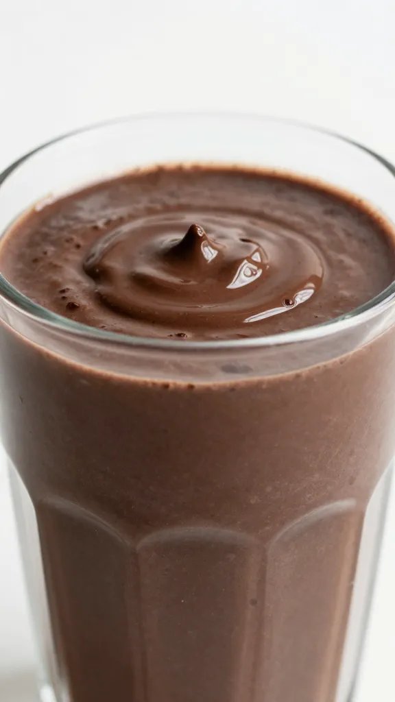 closeup dark chocolate date smoothie in clear glass, soft light