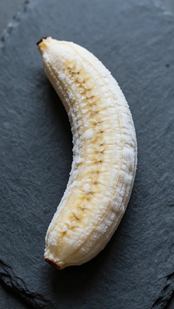 frozen banana half on slate board, frosty texture, moody lighting